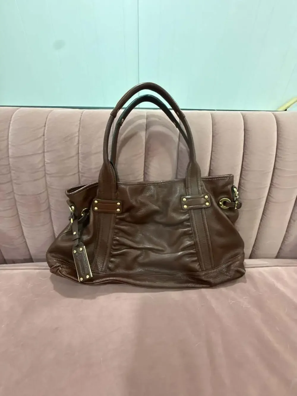 B. Makowsky Pebbled Leather Satchel Tote with Gold-Tone Hardware